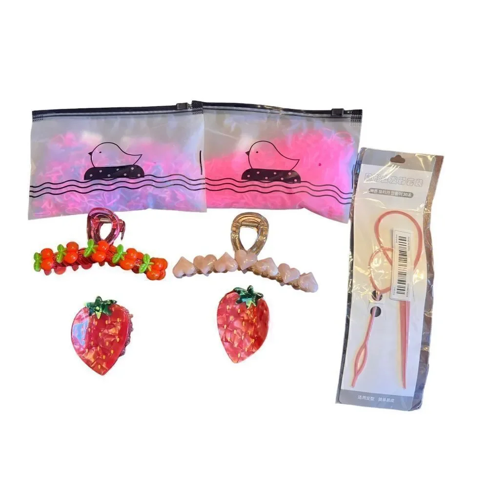 7 piece hair clips cherry hearts strawberries girls claw elastic ties loops